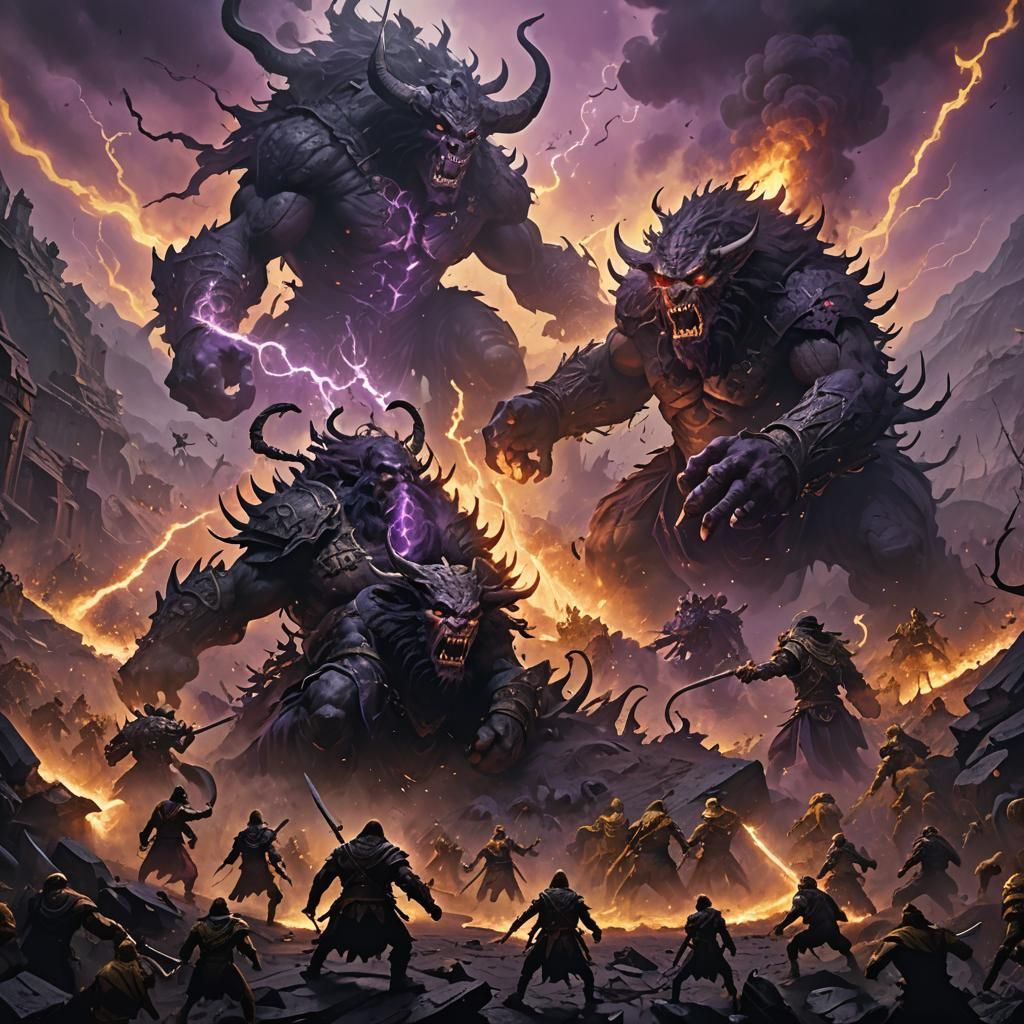 Epic Battle Between Giant and Humans in Dark Fantasy Style