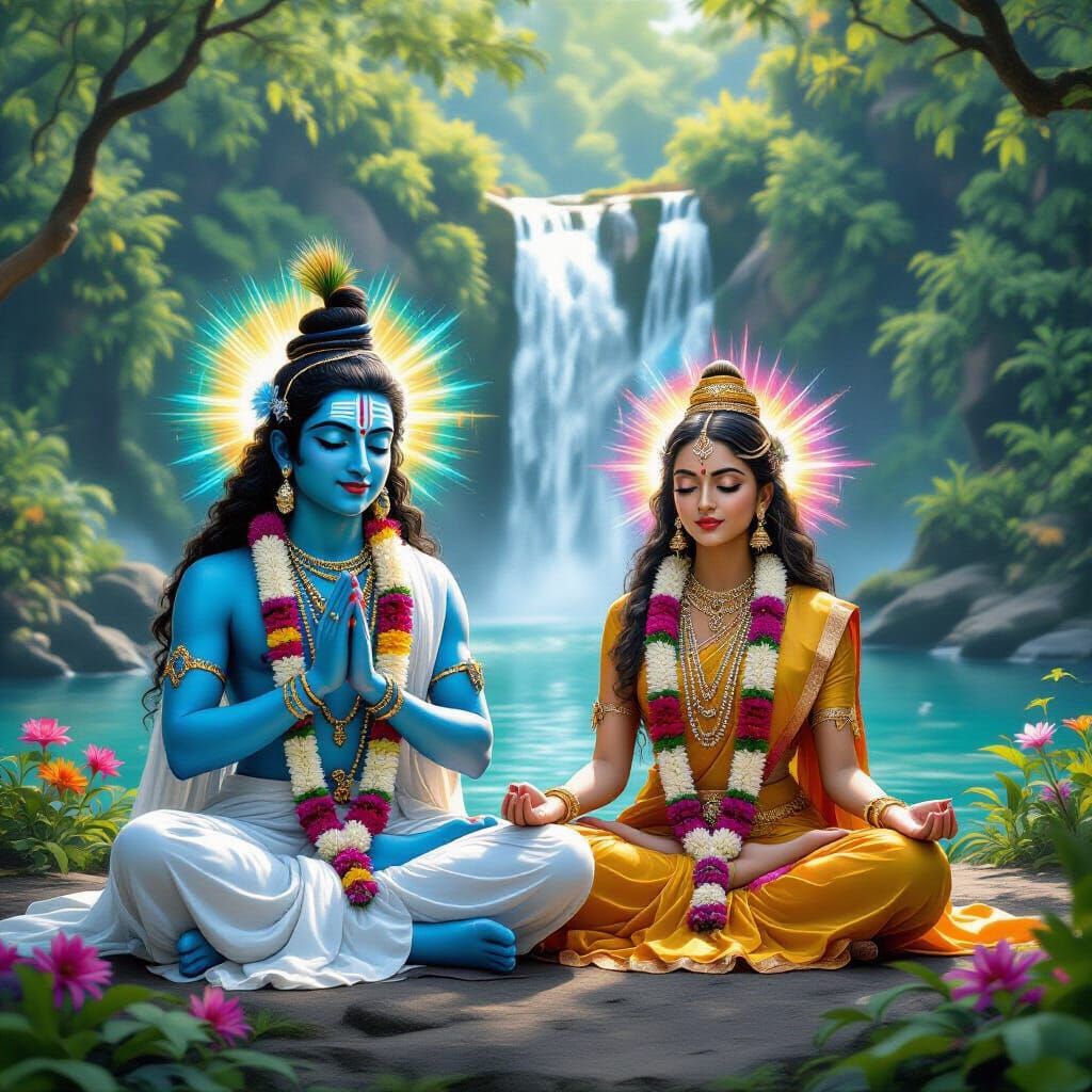 Blue-Skinned Krishna Devotee Meditating by Jungle Waterfall