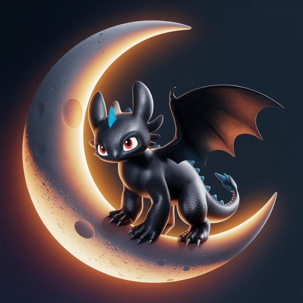 Toothless the Dragon on the Moon in 3D
