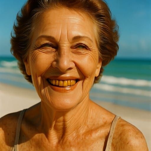 Tanned Woman Smiles on Florida Beach in Film Style