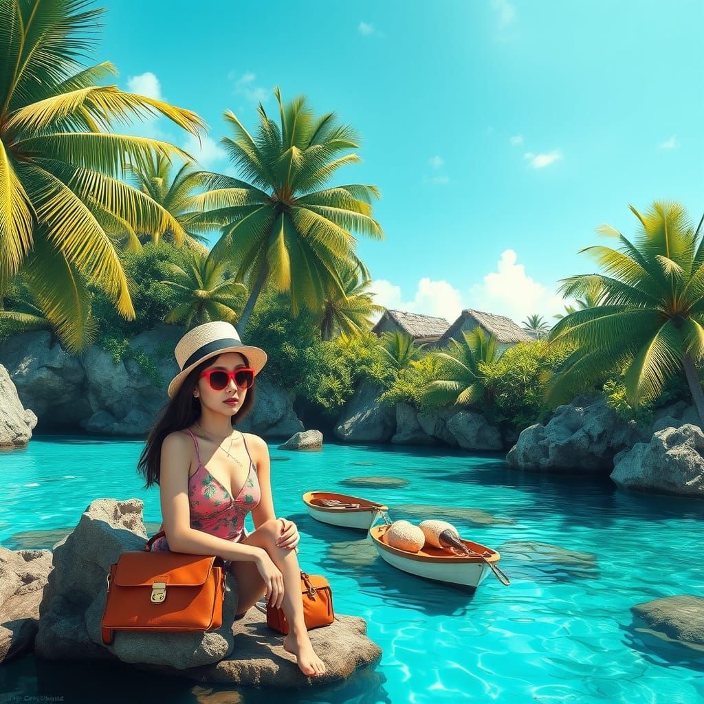 Turquoise Tropical Paradise with Abstract Art Elements