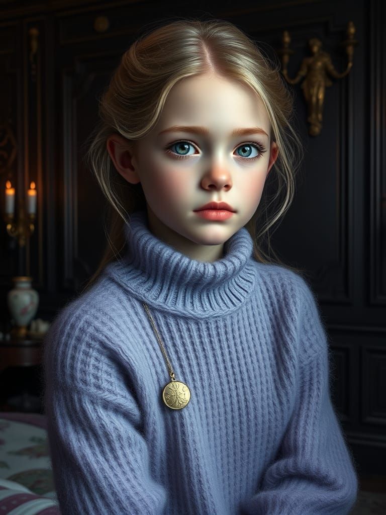 Enchanted Swedish Girl in Lavender Sweater in Mystical Bedro...