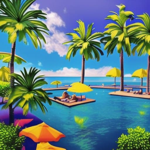 Tropical Pool with Palm Trees and Exotic Animals