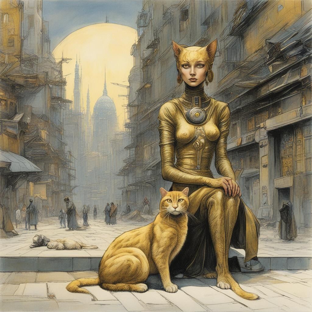 Golden Cat Goddess in Futuristic City