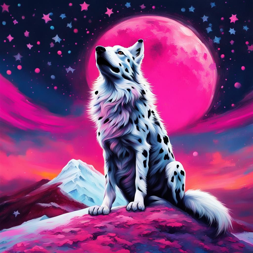 Arctic Wolf Howling at Pink Moon in Graffiti Art