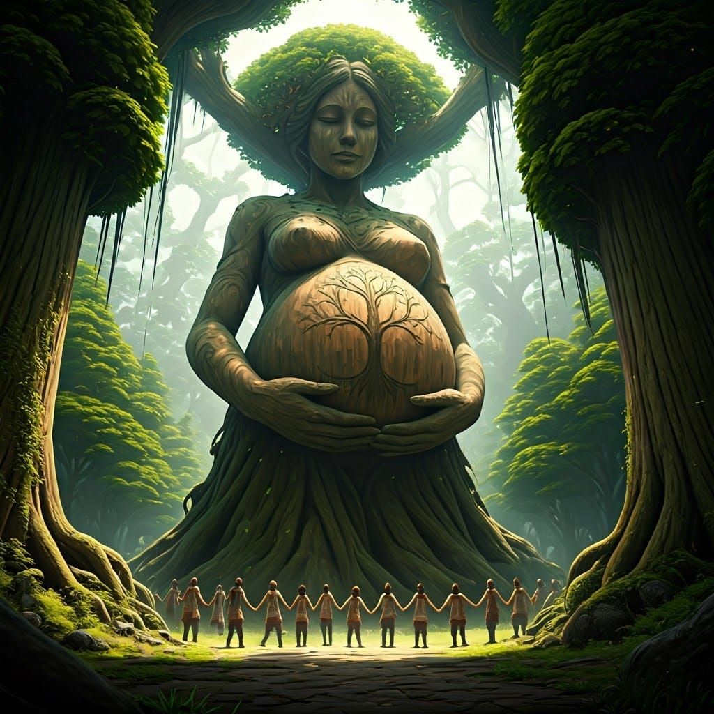 Mother Nature Goddess Sculpture in Lush Forest