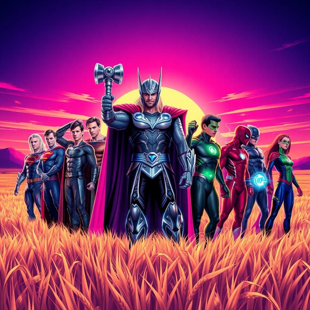 Thor and Superhero Allies in Synthwave Landscape
