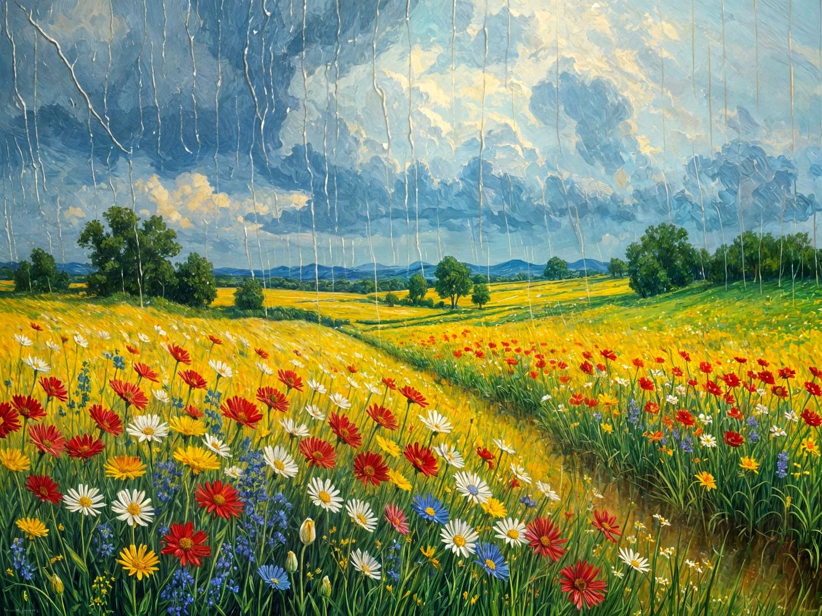 Impressionist Wildflowers in Summer Rain