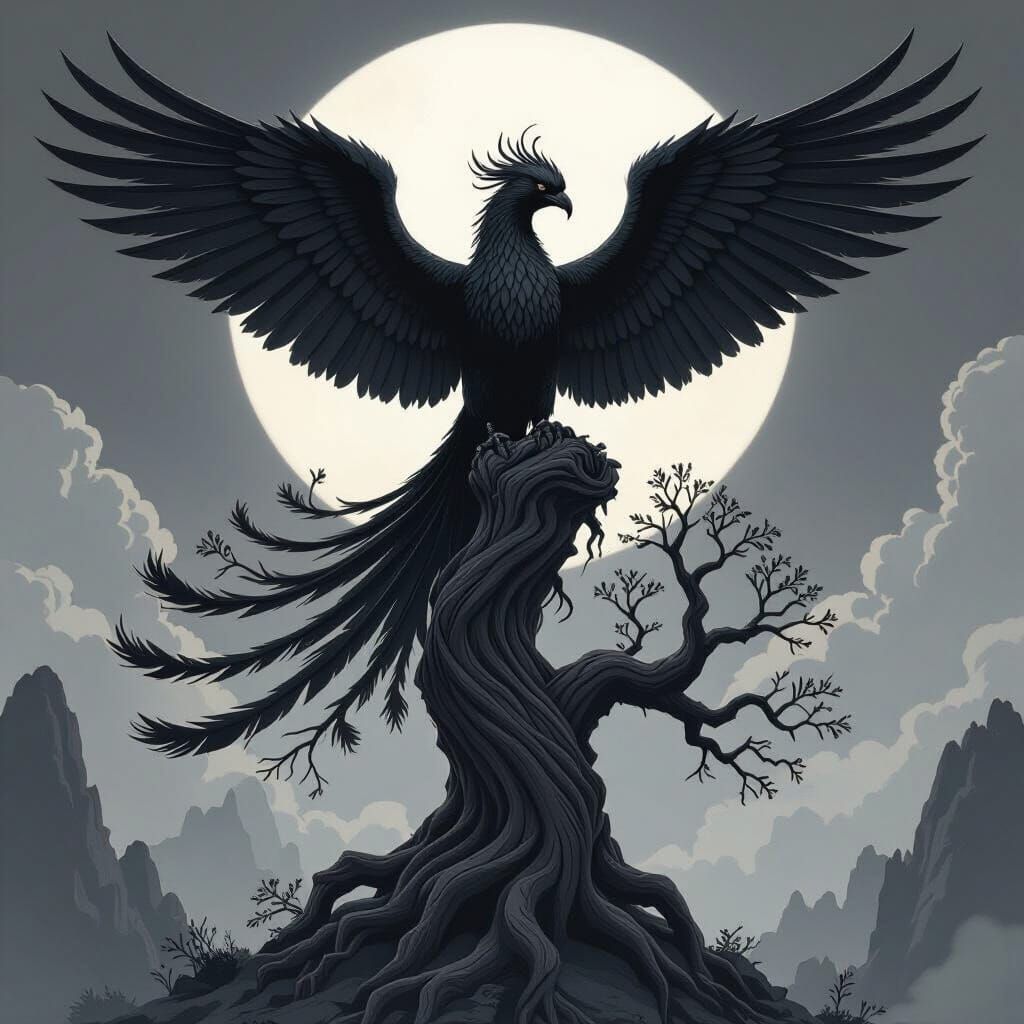 Simurgh on Life Tree: Black and White Tattoo Design