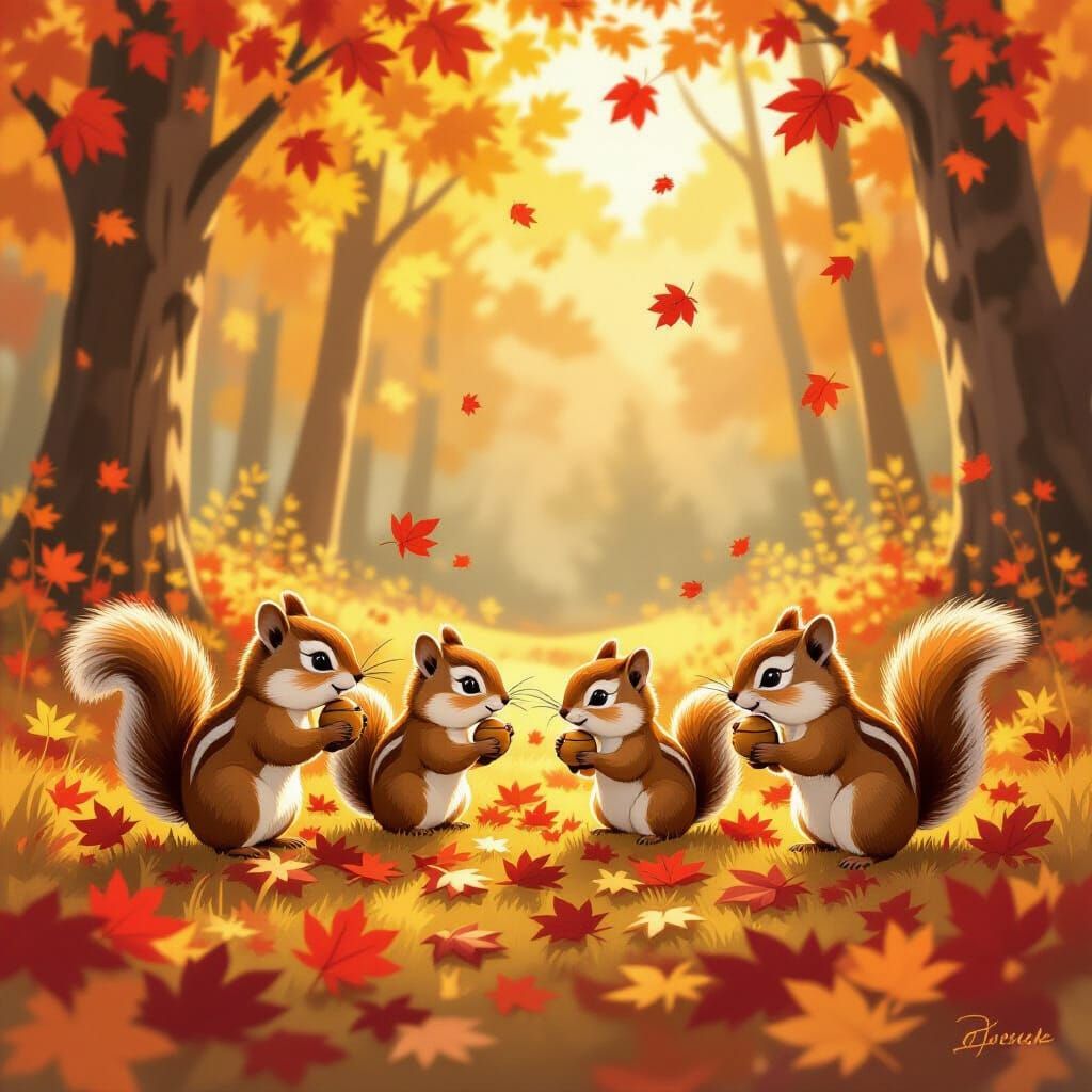 Adorable Chipmunks Stuffing Acorns Amidst Scarlet Leaves