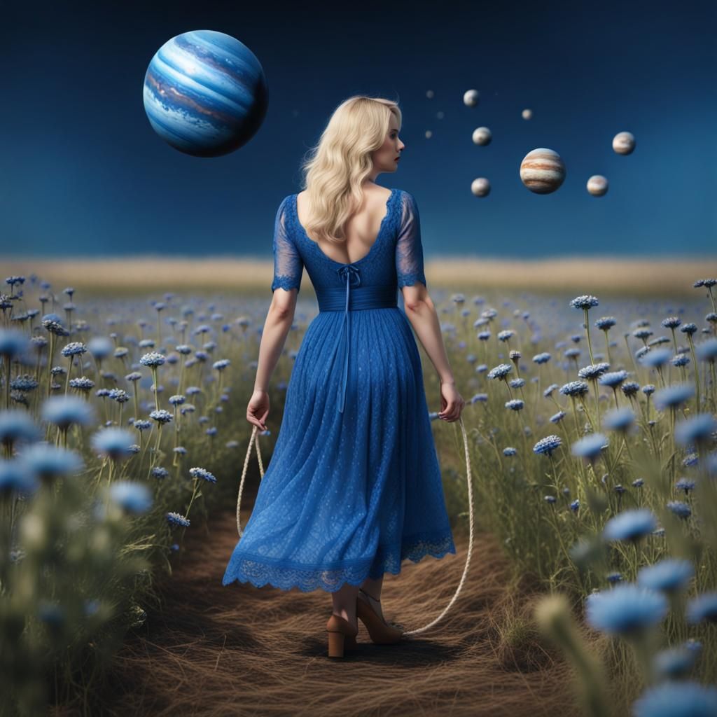 Woman Walking with Jupiter in Cornflower Field