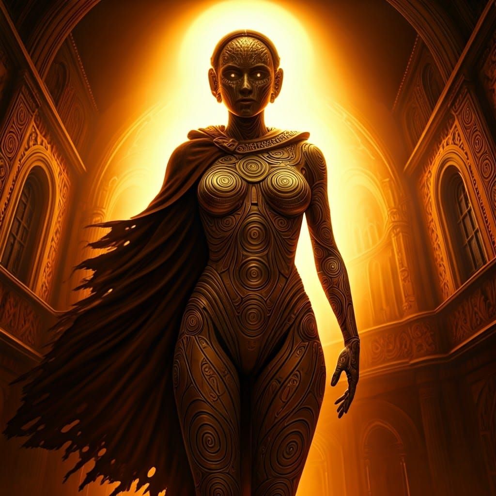 Cybernetic Goddess of Battle in Golden Splendor