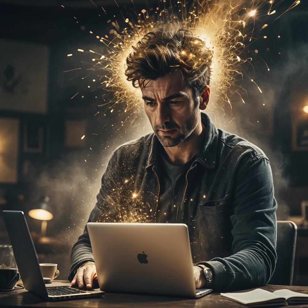 Man Working at Laptop with Light Rays, Cinematic Style