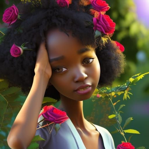 Woman with Rose Afro in a Garden, 3D Digital Art