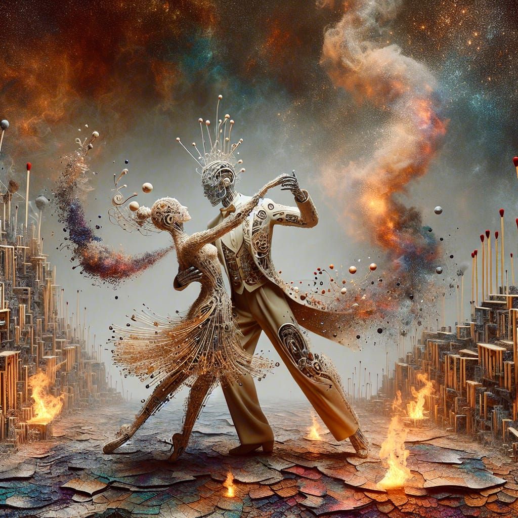 Wax Man Tango in Charred Landscape with Fire Woman