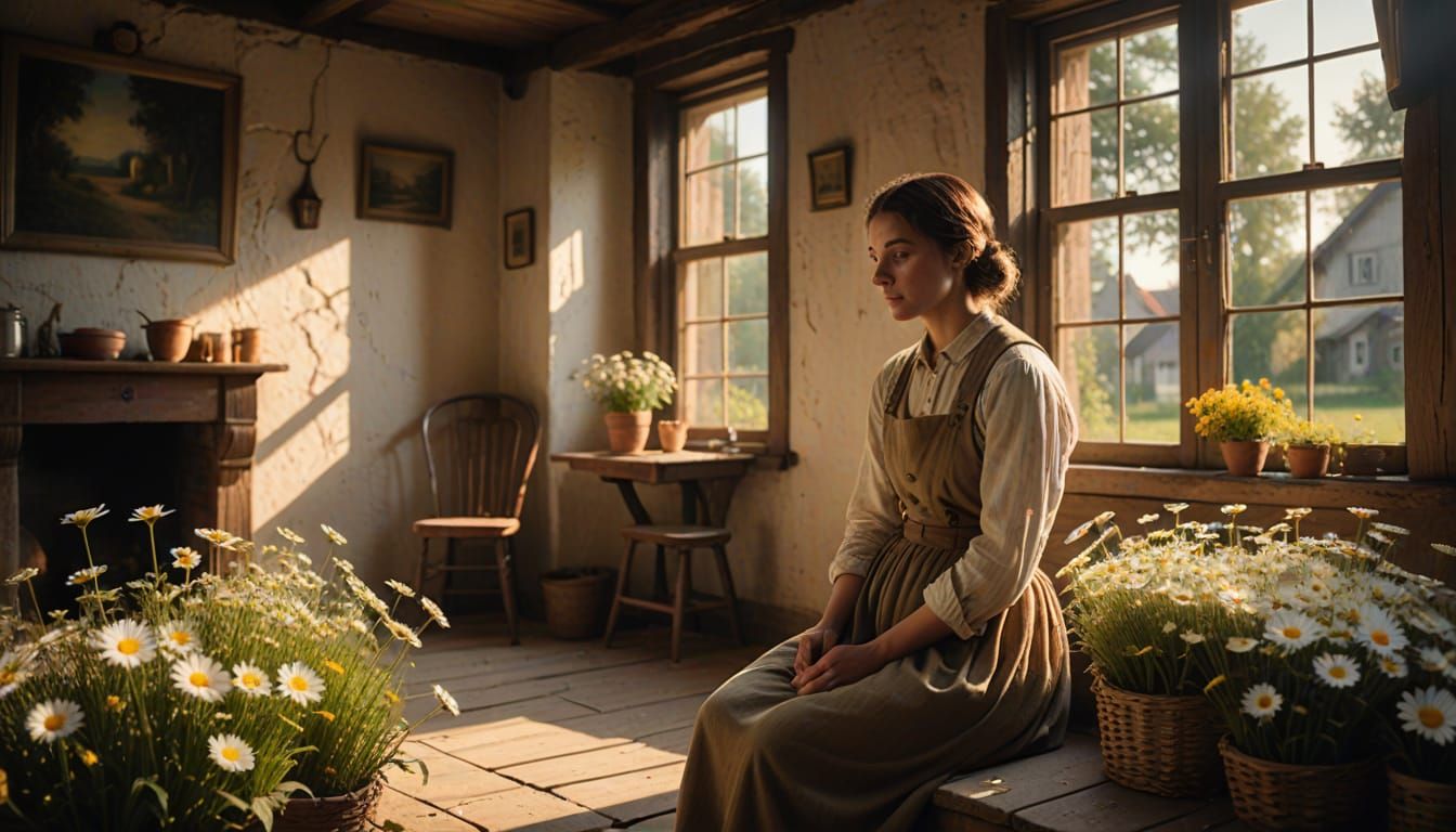 Nostalgic Village Scene with Mother and Daisies