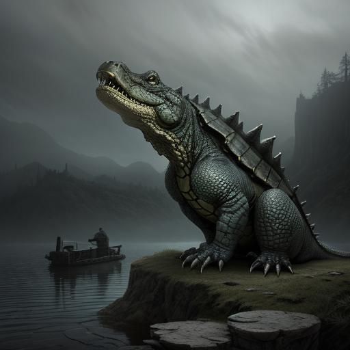 Menacing Snapping Turtles on Stone Dock: Fantasy Art