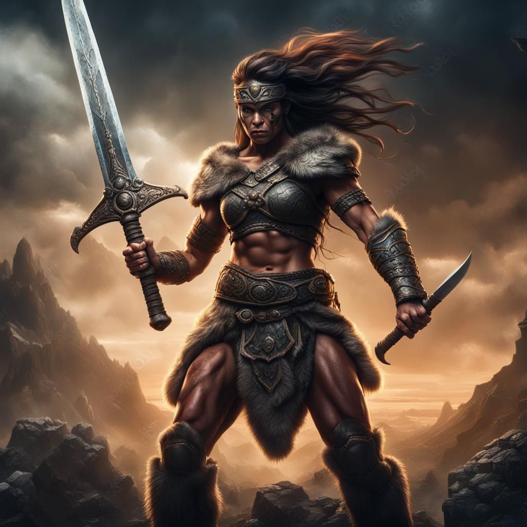 Strong Barbarian Woman with Sword: Digital Matte Painting