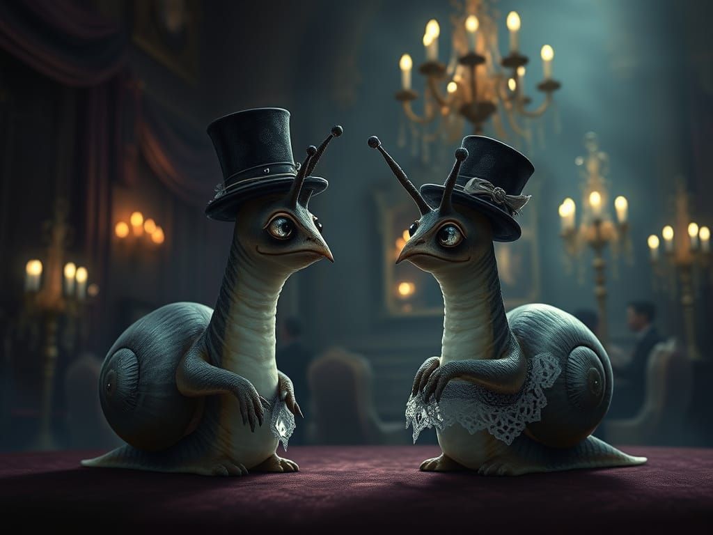 Whimsical Gothic Snails Lock Eyes in Mystical Ballroom