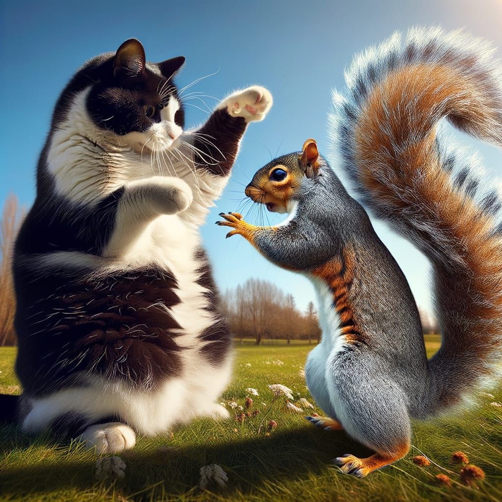 Playful Tuxedo Cat and Giant Squirrel on a Sunny Day