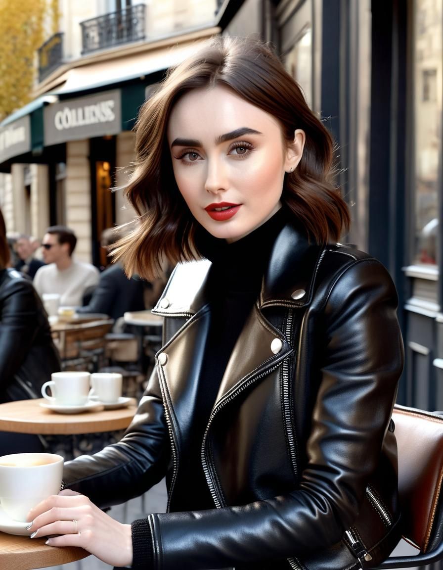 Lily Collins in Black Leather at Paris Cafe
