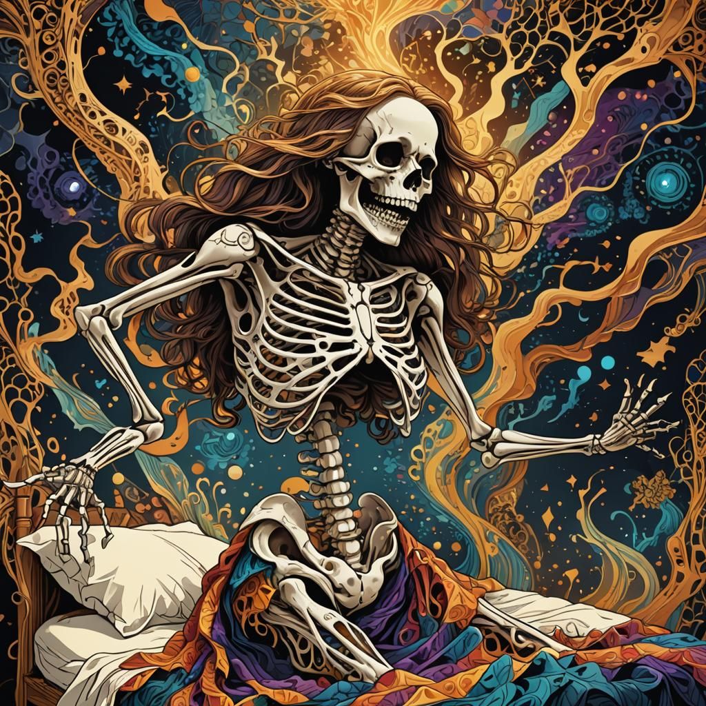 Skeletal Sorceress Emerges in Surreal, Abstract Hellscape