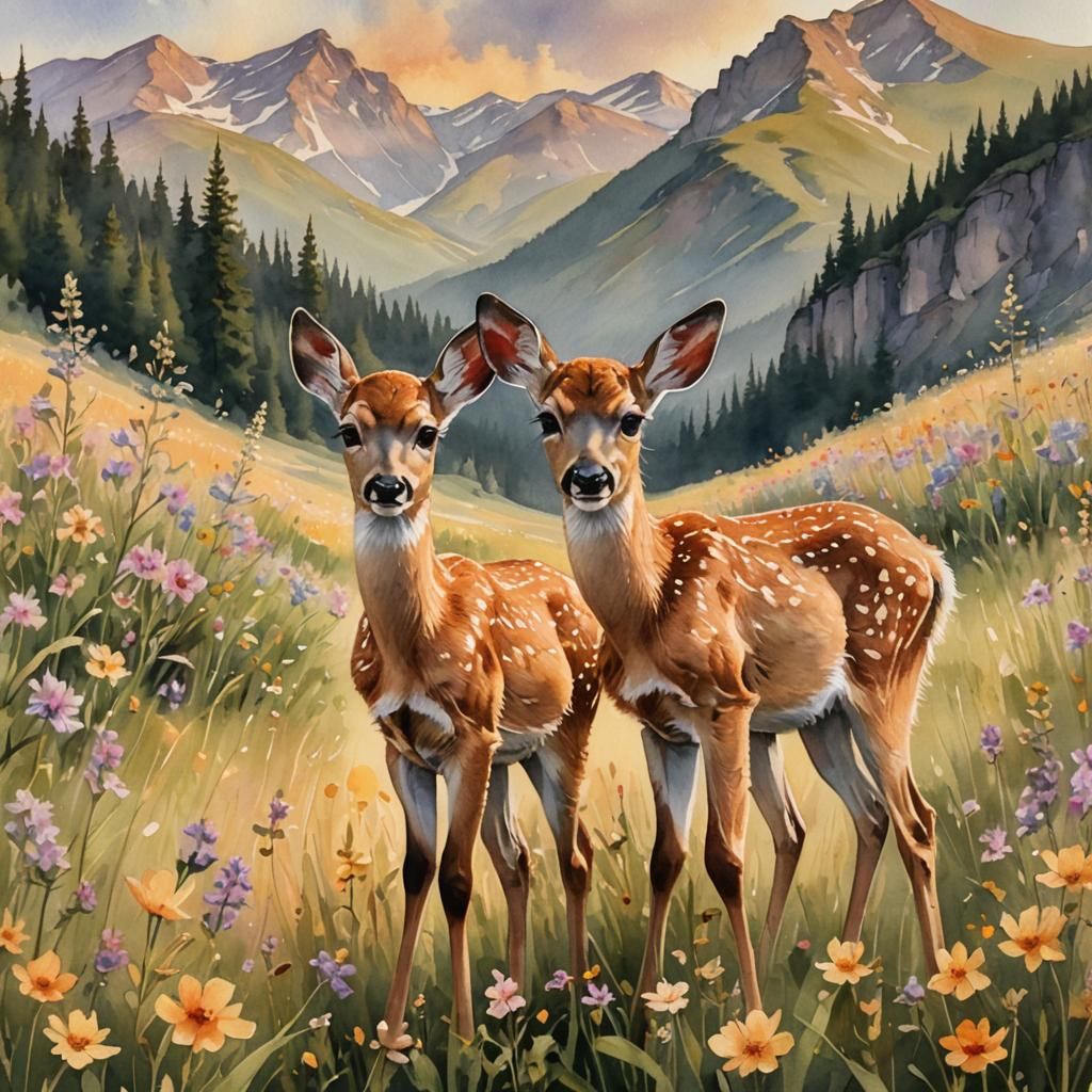 Fawns in Wildflower Meadow: Watercolor Painting