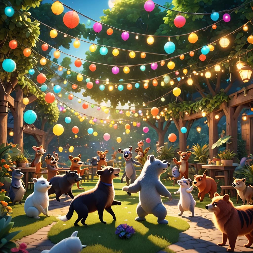 Animals Dancing at Summer Party in Lush Garden