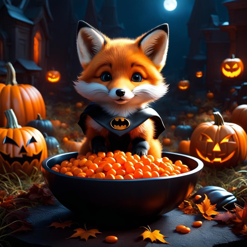Adorable Fox Pup as Batman on Halloween Night