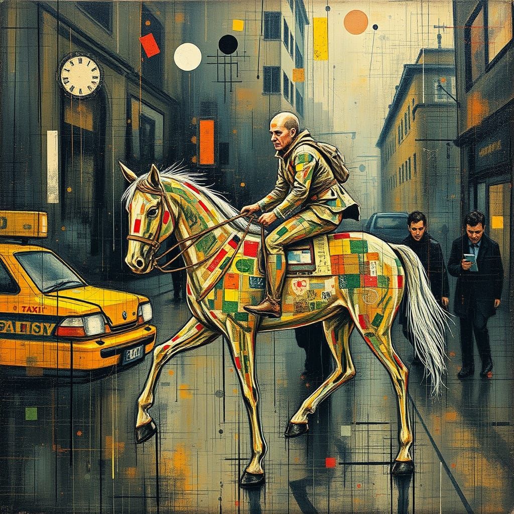Hypercomplex Surreal Horse Taxi, Impasto Mixed Media