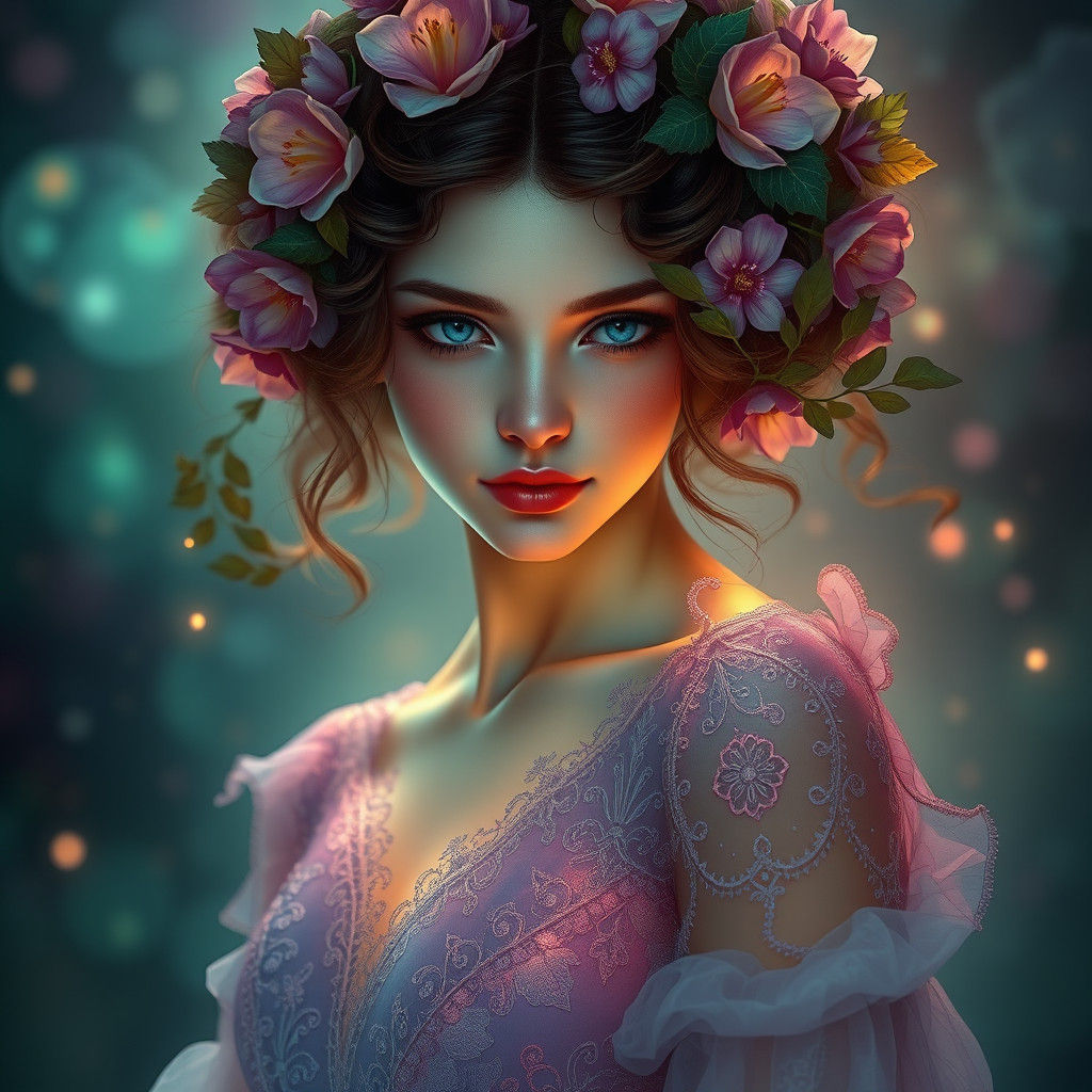 Ethereal Flower Girl in Art Nouveau Style