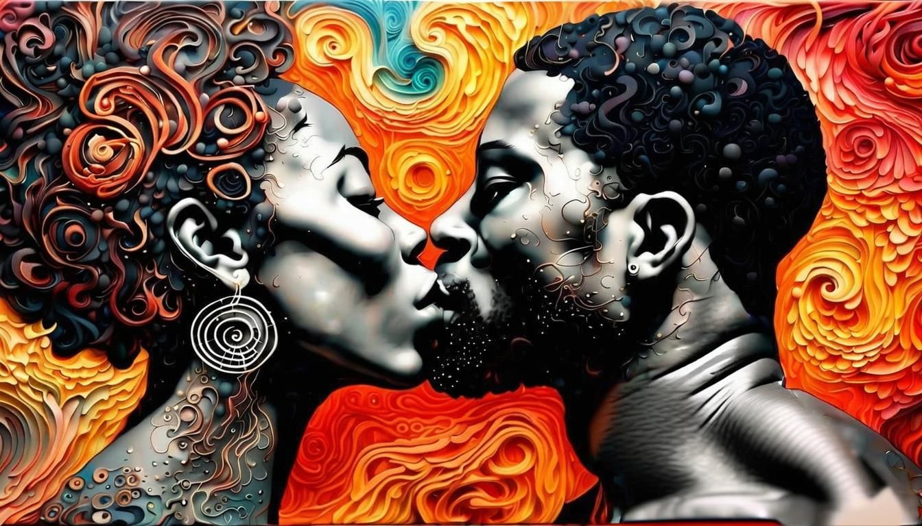 Maximalist Lovers Kiss in Mixed Media Collage