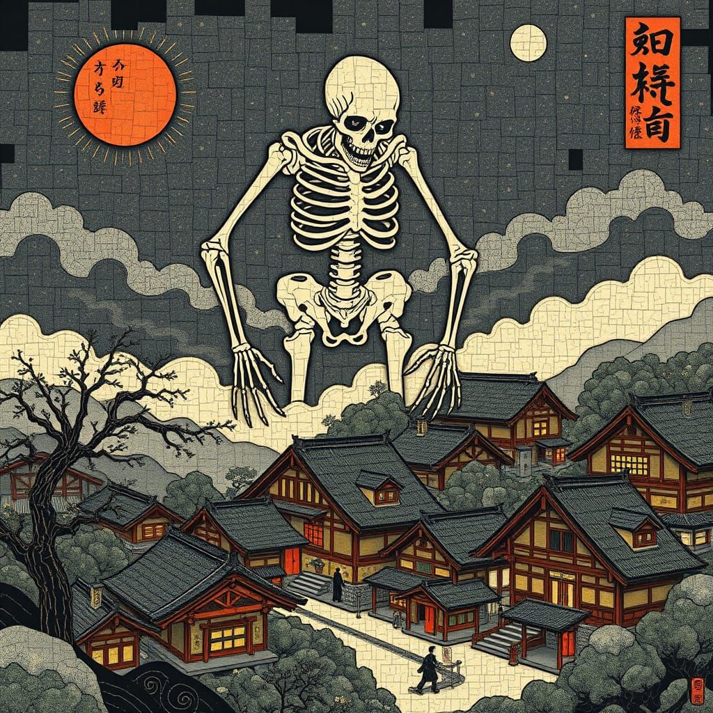 Surreal Yokai Mosaic Masterpiece in Traditional Japanese Pap...