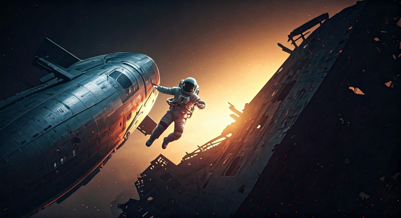 Sleek Astronaut Leaps Between Spaceship and Derelict in Grit...