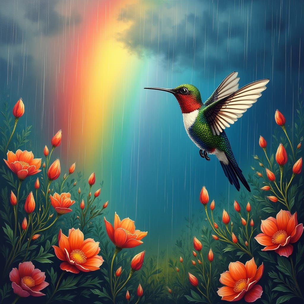 Vibrant Hummingbird Seeks Refuge in Spring Rainbow Landscape