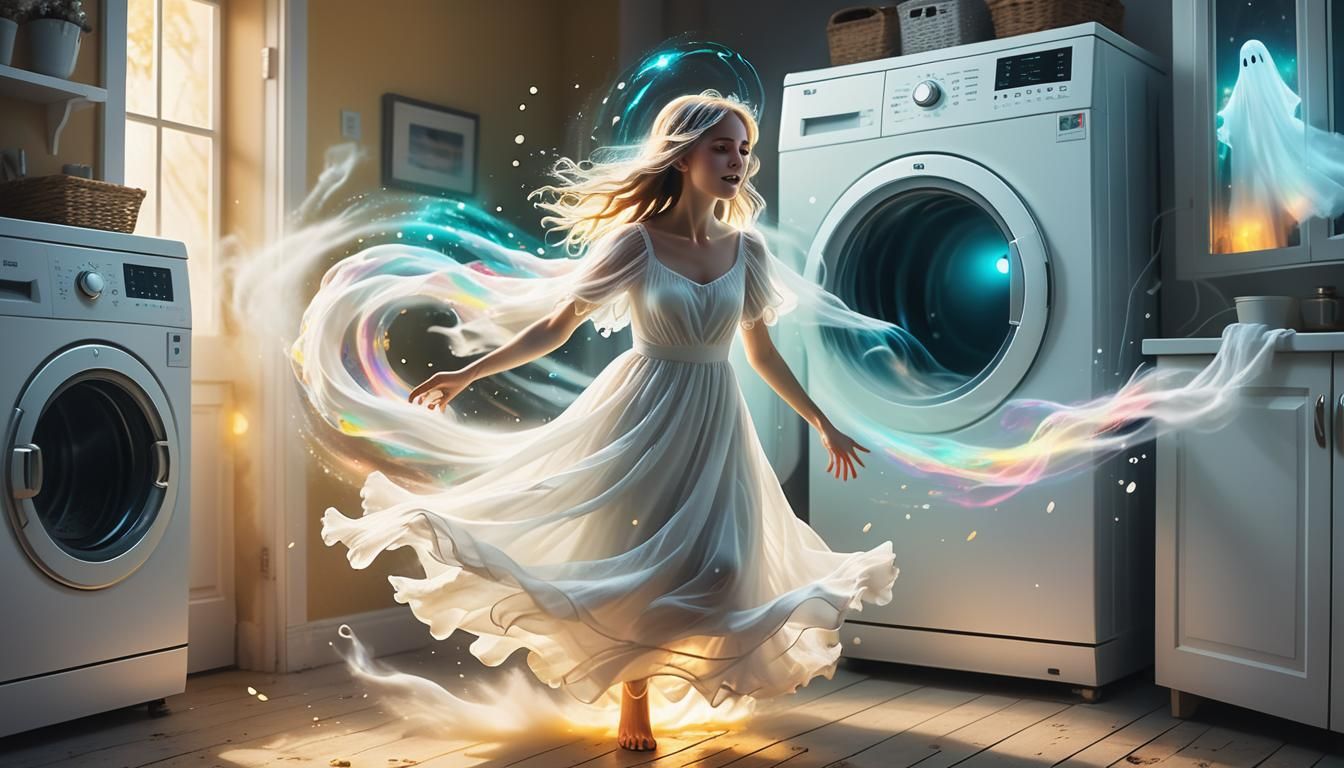 Ghost Jumps From Washing Machine: Whimsical Digital Art