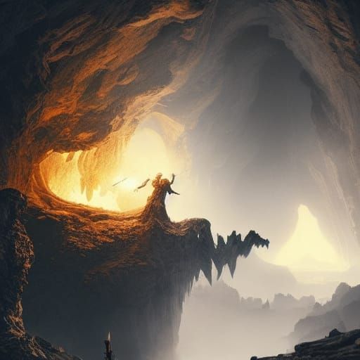 White Wizard Battles Balrog in Underground Cavern