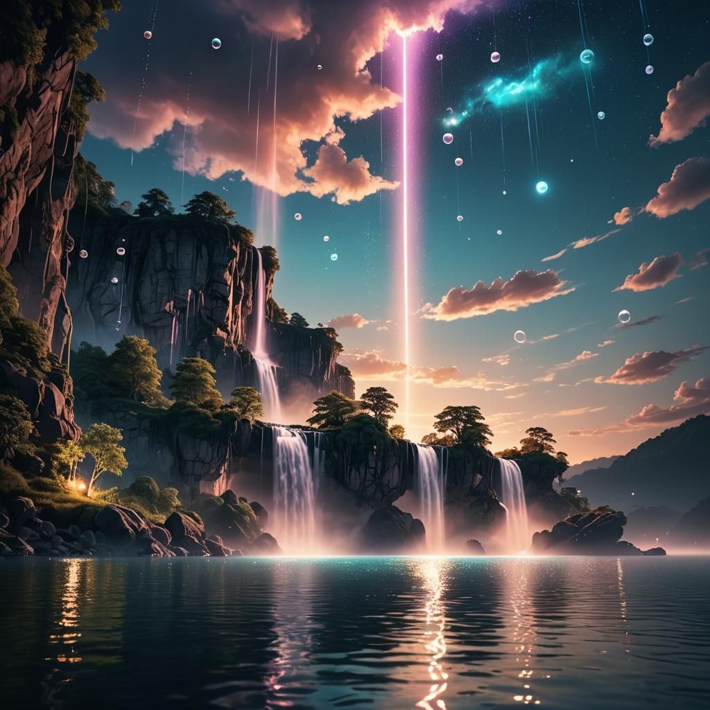 Bioluminescent Waterfall Digital Matte Painting