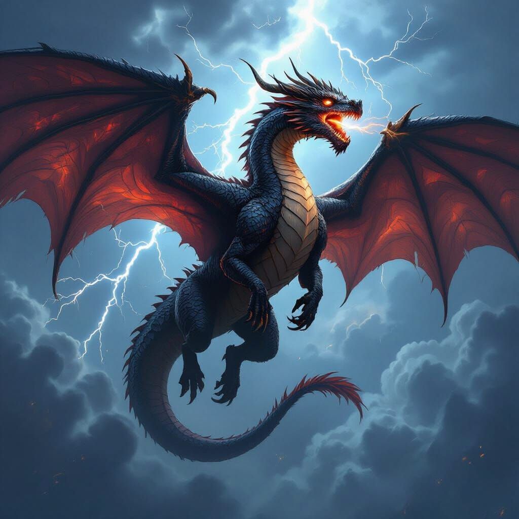 Majestic Dragon Soaring Through Stormy Sky