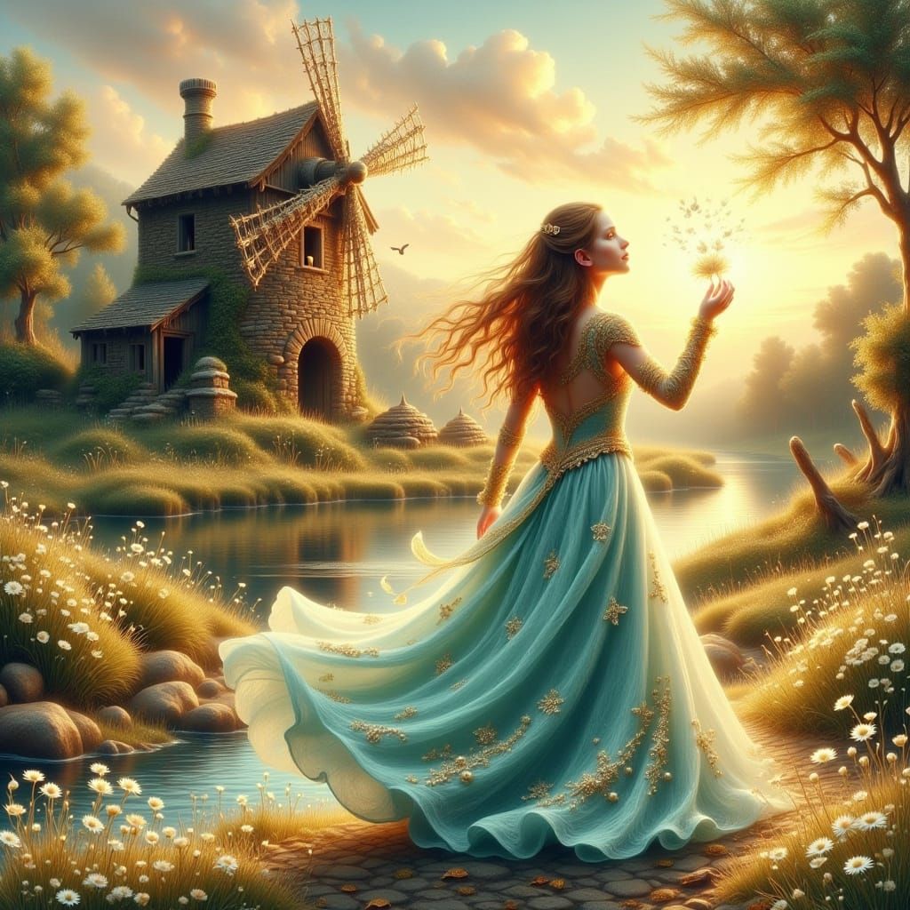 Child in Flowy Silk Dress by Old Mill as Watercolor Painting