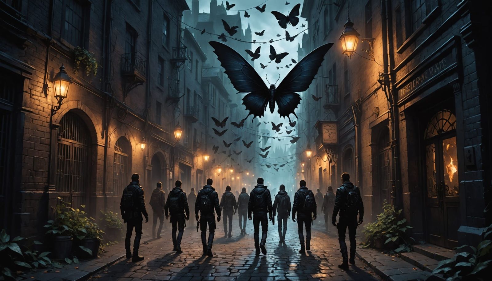 Gothic Alleyway Biker Gang and Spectral Butterflies