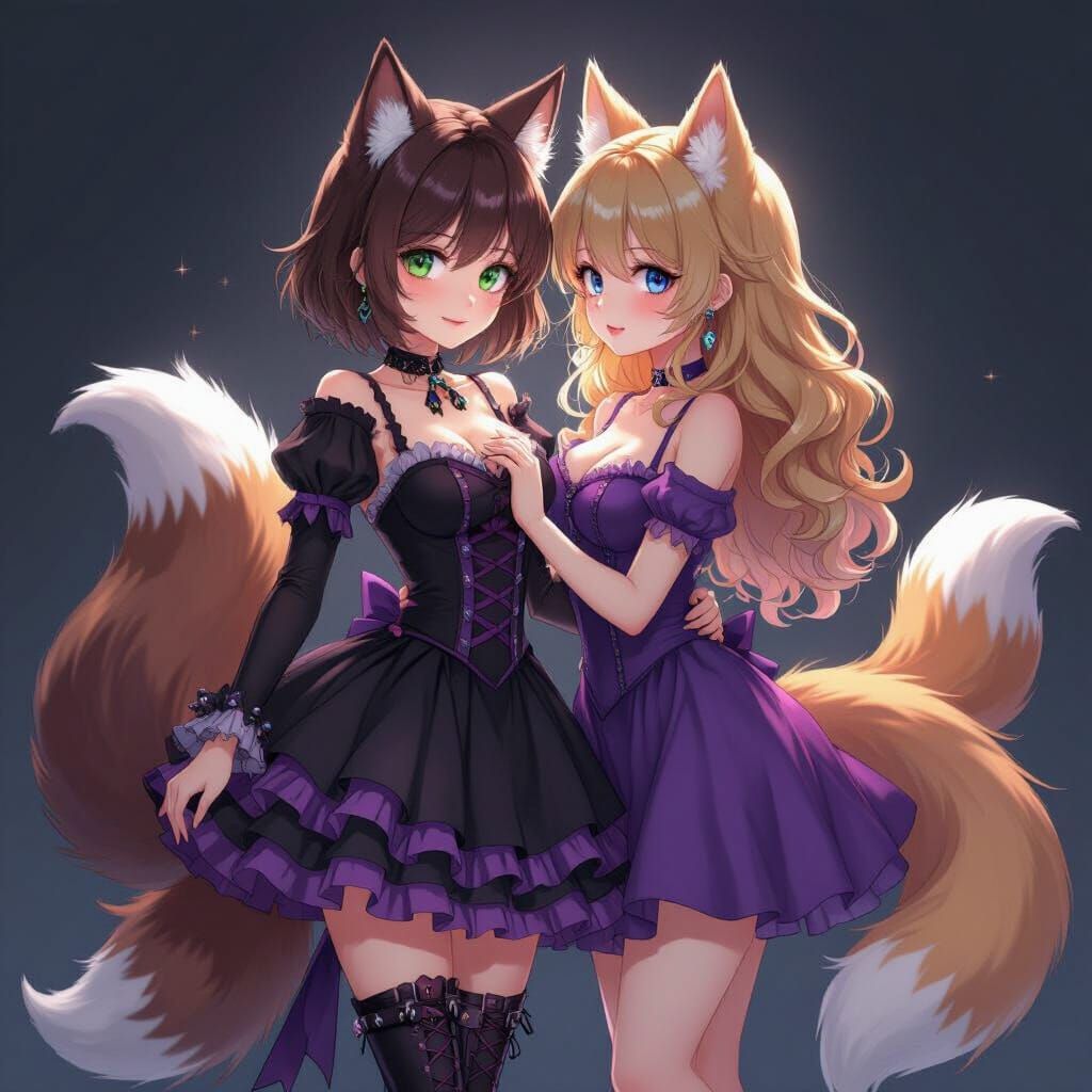 Anime Women with Wolf and Fox Features in Gothic Attire