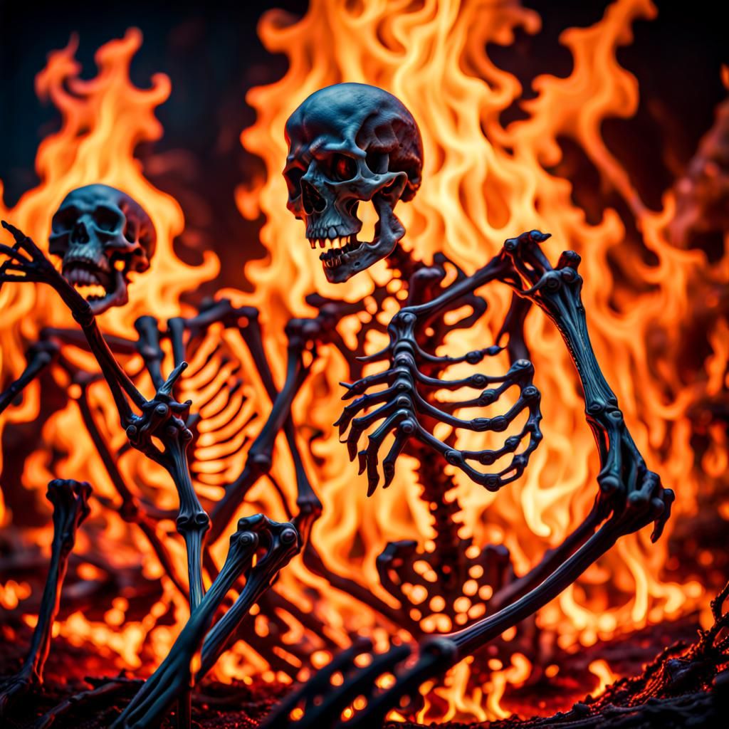 Flaming Skeletons Writhing in Hell: Hyperrealistic Compositi...