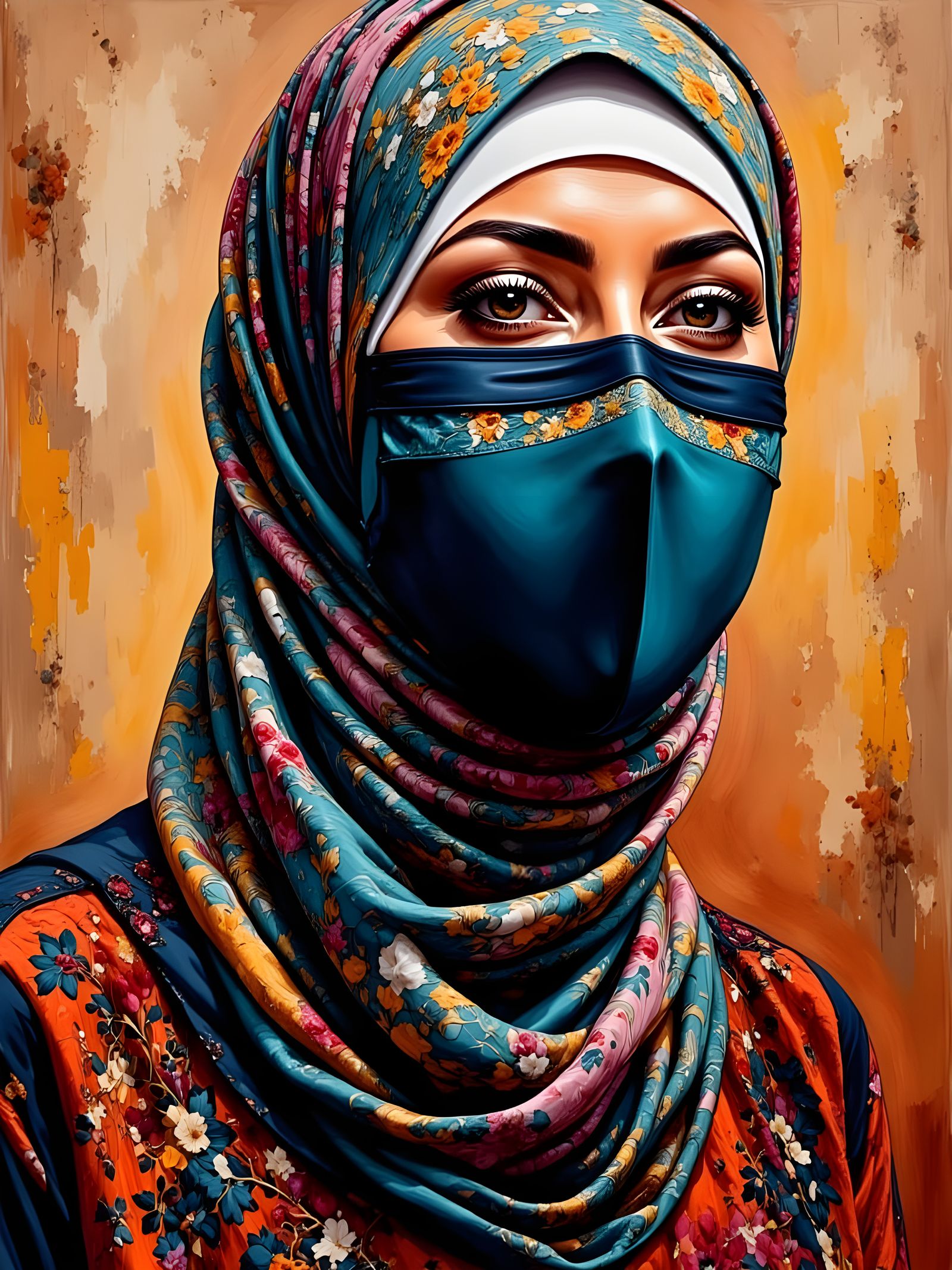 Beautiful Woman in Hijab and Mask, Oil-Guache Portrait