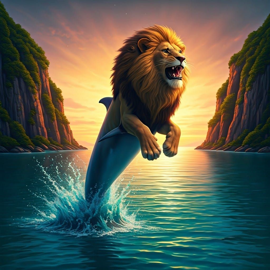Lion-Dolphin Hybrid Leaps in 3D Digital Art
