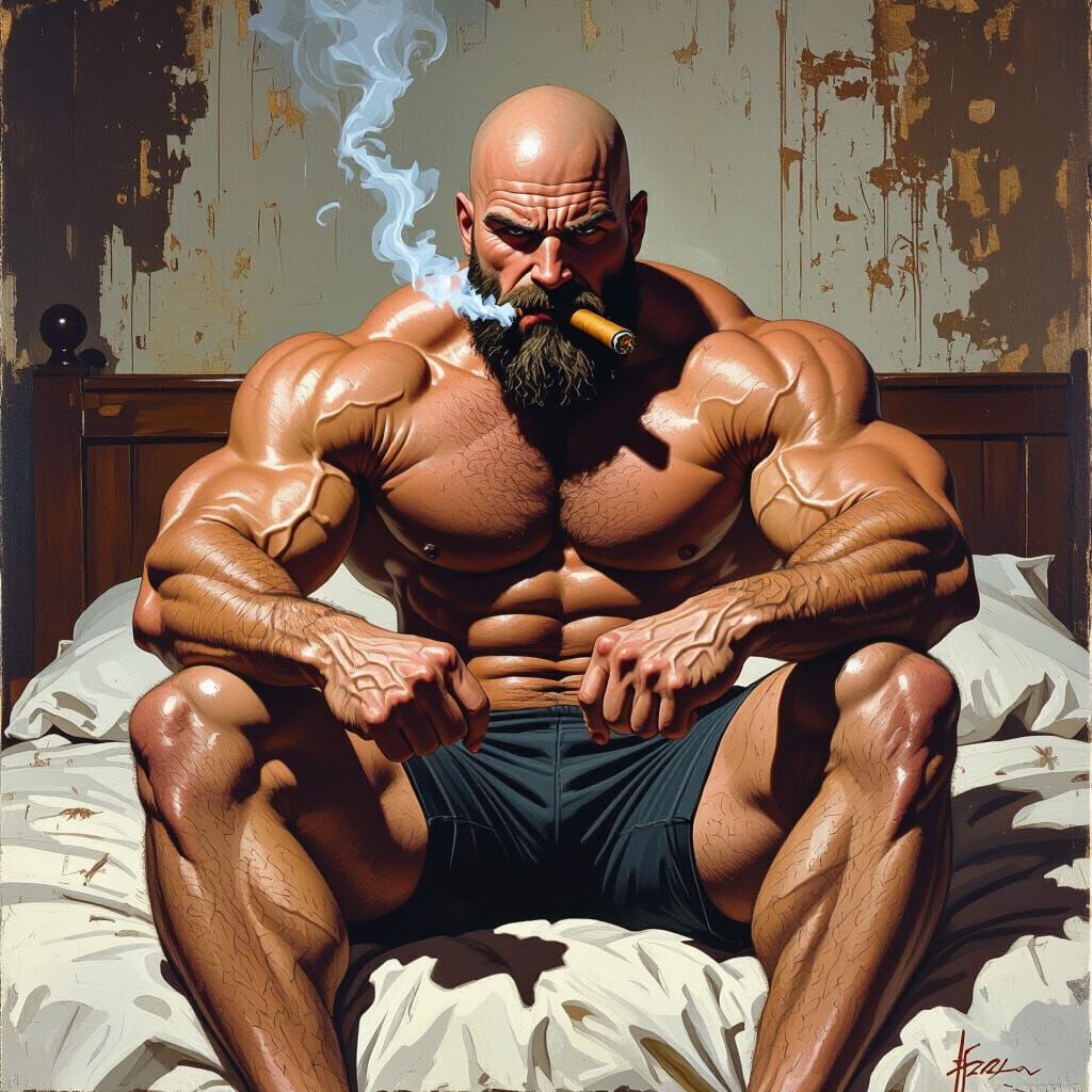Muscular Man on Bed in Gritty Comic Style