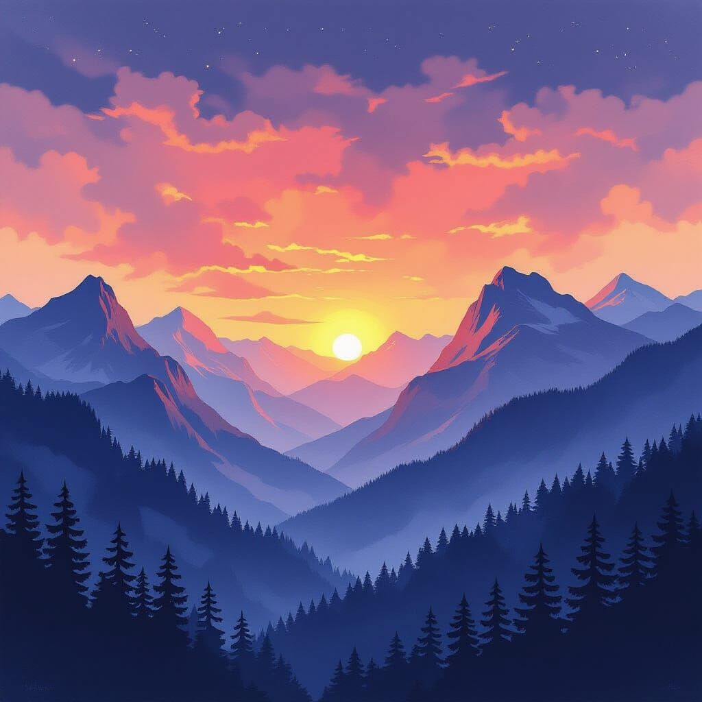Dramatic Sunset Over Mountains in Gouache Style