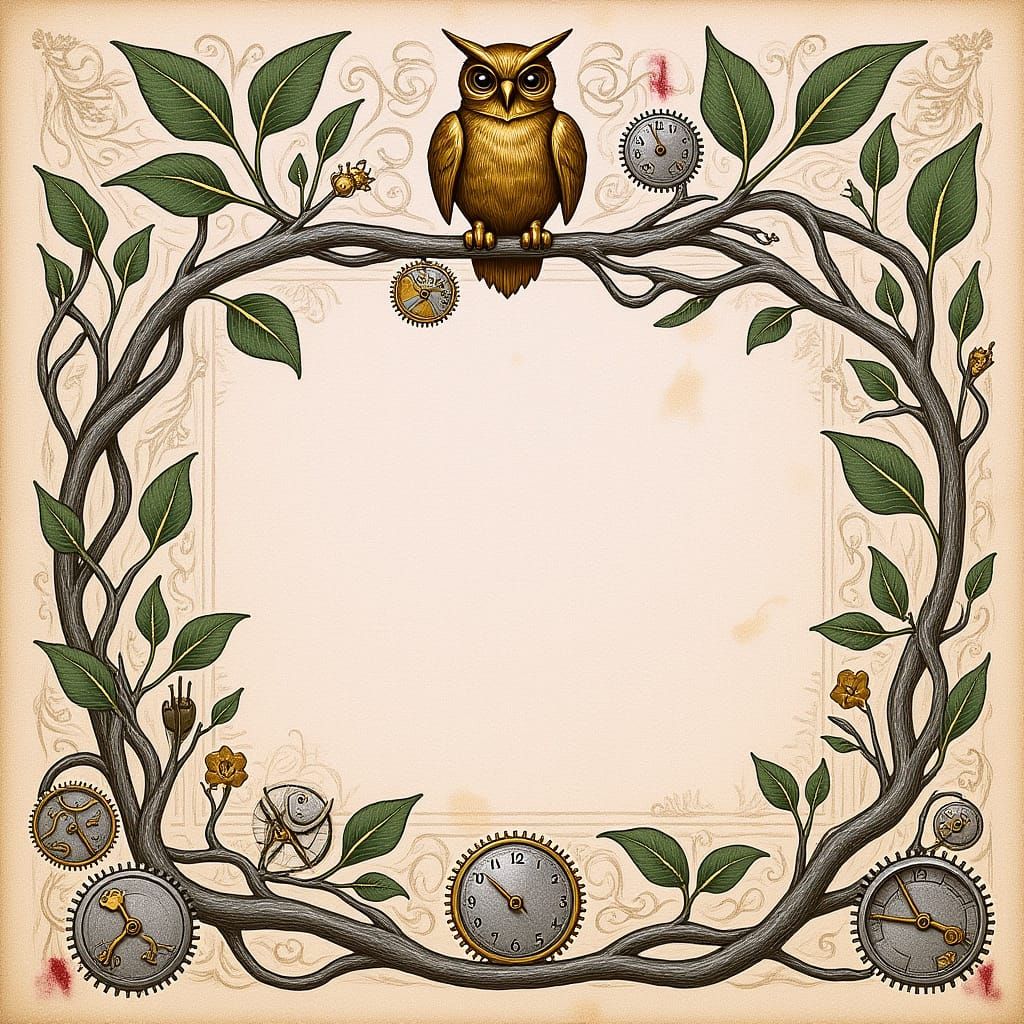 Steampunk Illuminated Manuscript Border with Brass Owl