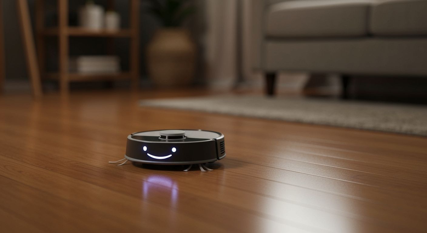 Cute Robot Vacuum with Smiling Face in Cozy Living Room