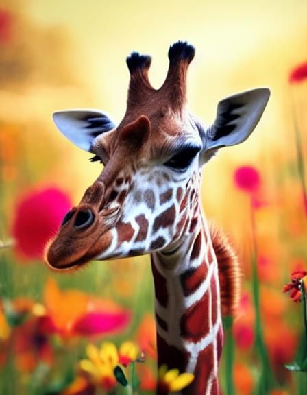 Giraffe in Dreamy Flower Field, Digital Painting